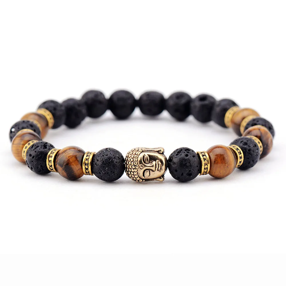 Men Bracelet 8MM Lava Stone Tiger Eyes with Buddha Elastic Bracelet Handmade Stretch Bracelets Mens Charm Bracelet Jewelry