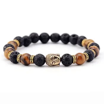 Men Bracelet 8MM Lava Stone Tiger Eyes with Buddha Elastic Bracelet Handmade Stretch Bracelets Mens Charm Bracelet Jewelry
