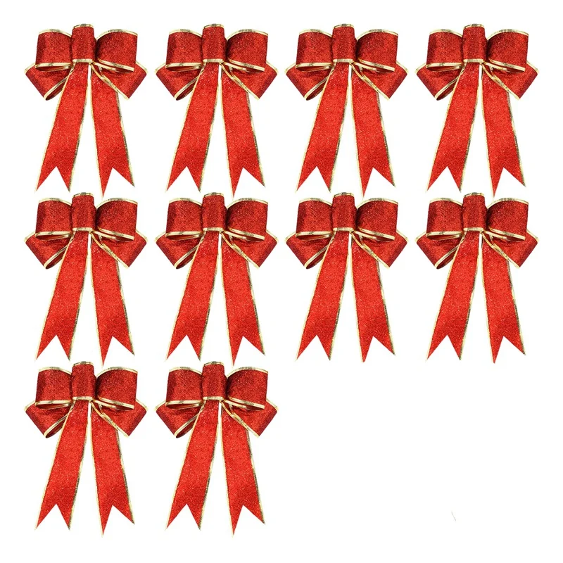 

10 Pcs Glitter Christmas Tree Bow Ribbon Bows, Long 10 Inches and Wide 8 Inches Christmas Tree Hanging Ornaments for Holiday Chr