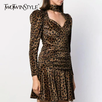 

TWOTWINSTYLE Leopard Sexy Hollow Out Dresses For Women Turtleneck Puff Long Sleeve High Waist Ruffle Him Mini Dress Female Tide