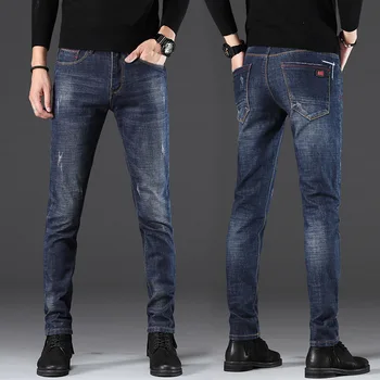 

2020 four season jeans men's diagonal pocket slim Leggings Korean elastic men's casual pants spring and Autumn