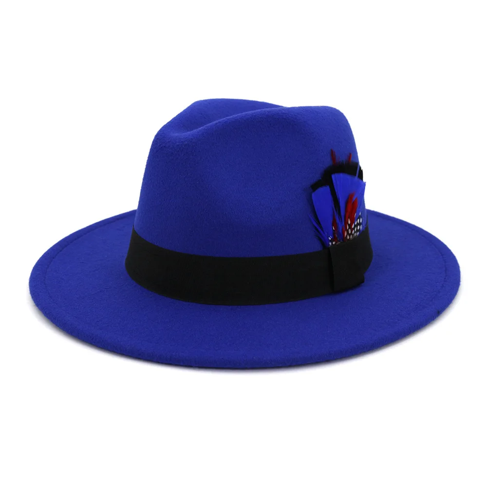 royal blue HanXi фетровая шляпа с перьями Женская однотонная Имитация шерсти фетровая лента туристическая Кепка уличная джазовая Кепка s Gorras для девушек - Цвет: royal blue