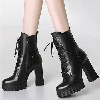 baratas Mulheres Rendas Até Botas De Salto Alto áspero De Couro De Vaca Botas De Salto Alto Alto Inverno Quente Plataforma Bombas Sapatos Dedo Do Pé Redondo Punk Goth Creepers