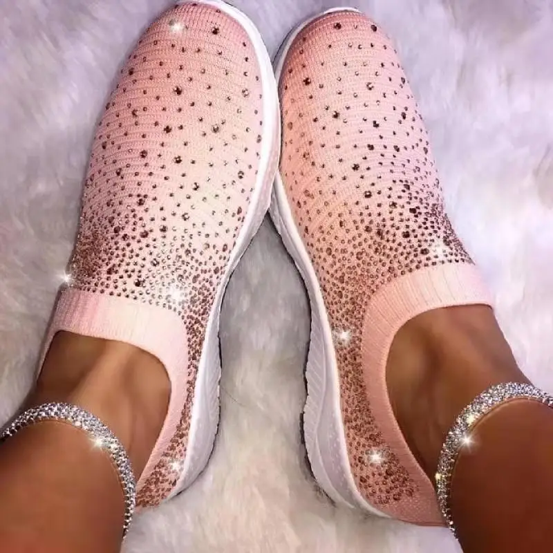 

Oeak woman rhinestone sneakers crystal vulcanize shoes woman new bling crystal soft sole shoes breathable casual flats