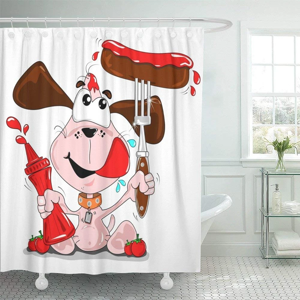 ブラウンホット漫画犬ソーセージとトマトケチャップ醤油ボトルレッドファスト食品家の装飾 Shower Curtains Aliexpress