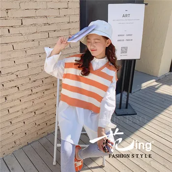 

Set 2020 spring new Korean girls' casual stripe waistcoat with medium long shirt two-piece set