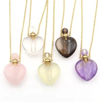 

2pcs / lot Gold-plated natural amethyst pink crystal peach heart-shaped perfume essential oil bottle pendant necklace