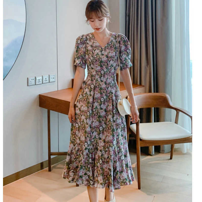 Женское шифоновое платье-миди с цветочным принтом и V-образным вырезом | Женская