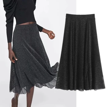 

2019 autumn midi skirt women england style Metal wire texture Elegant faldas mujer moda 2019 A-line long skirts womens
