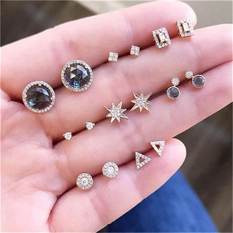 Винтажные геометрические серьги-гвоздики, Комплект сережек для женщин и девочек, маленькие сережки в форме цветка из горного хрусталя, женские серьги с кристаллами