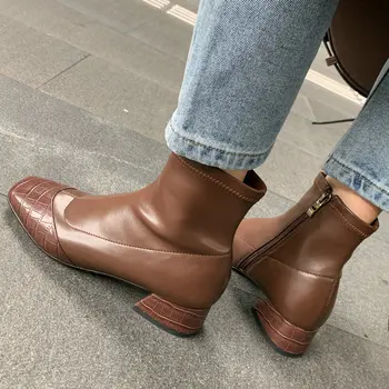 

Women Genuine Leather Square Head Ankle Boots Square Heels Zip Spring Fall Fashion Zip Daily Black Brown Booties 2020