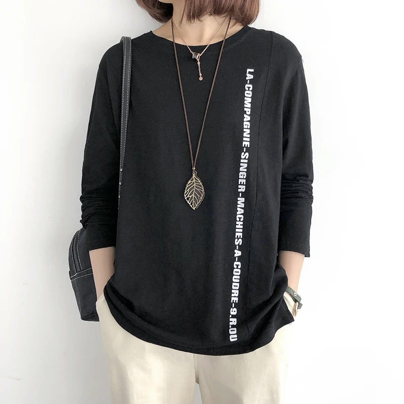 

Autumn Women Blouse Bamboo Cotton Shirt Round Collar Printed Letters Long Sleeve Blouse Loose Casual Women Tops YoYiKamomo