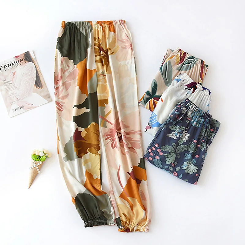 

Summer Autumn Printing Women Pajama Bottom Elastic Waist Ankle-Length Pants Sleep Wear Female Soft Sleepwear Breathable Pants