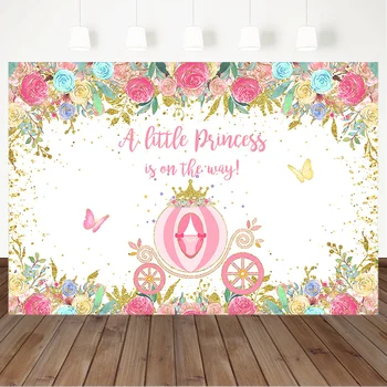 

Little Princess Baby Shower Backdrop Golden Flash Flower Pink Carriage Photo Background Crown Butterfly Party Decoration Banner
