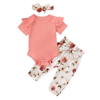 

2020 New Summer Toddler Infant Baby Girl Clothing Set Short Sleeve Romper Tops Flower Pants Headband Clothes Outfit 3pcs