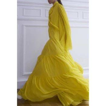 

Gedivoen Fashion Designer Spring Dress Women Solid Yellow Bow Collar Patchwork Draped A Line Dress Female Midi Dresses Vestidos