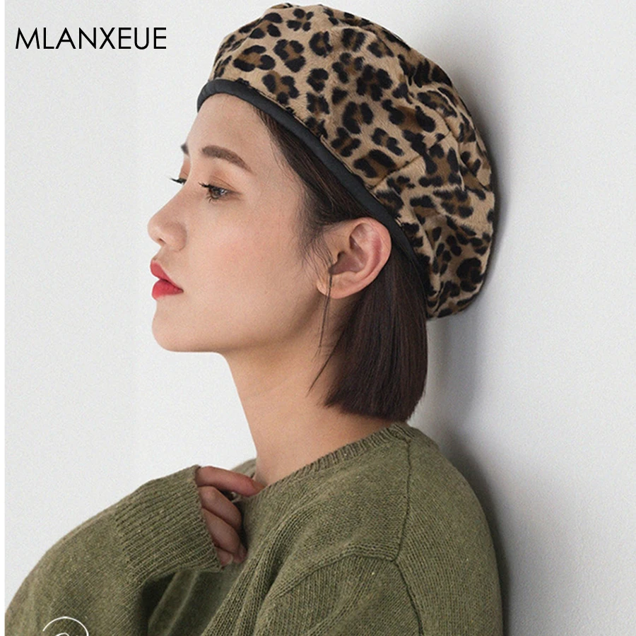 

Leopard Wool Autumn Winter Beret Hats Women Fashion Thicken Warm Painter Hats Female Vintage Headdress Literary Style Beret Caps