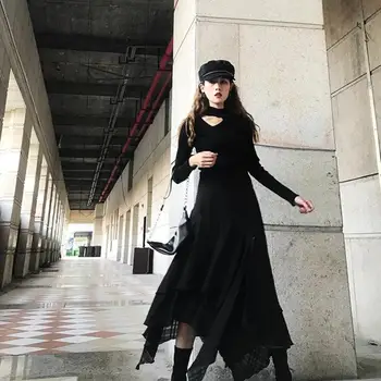 

2020 Women Spring Autumn New Street Style Black High Split Irregular Skirt Loose Mid Calf Plaid Midi Skirt Fashion Tide