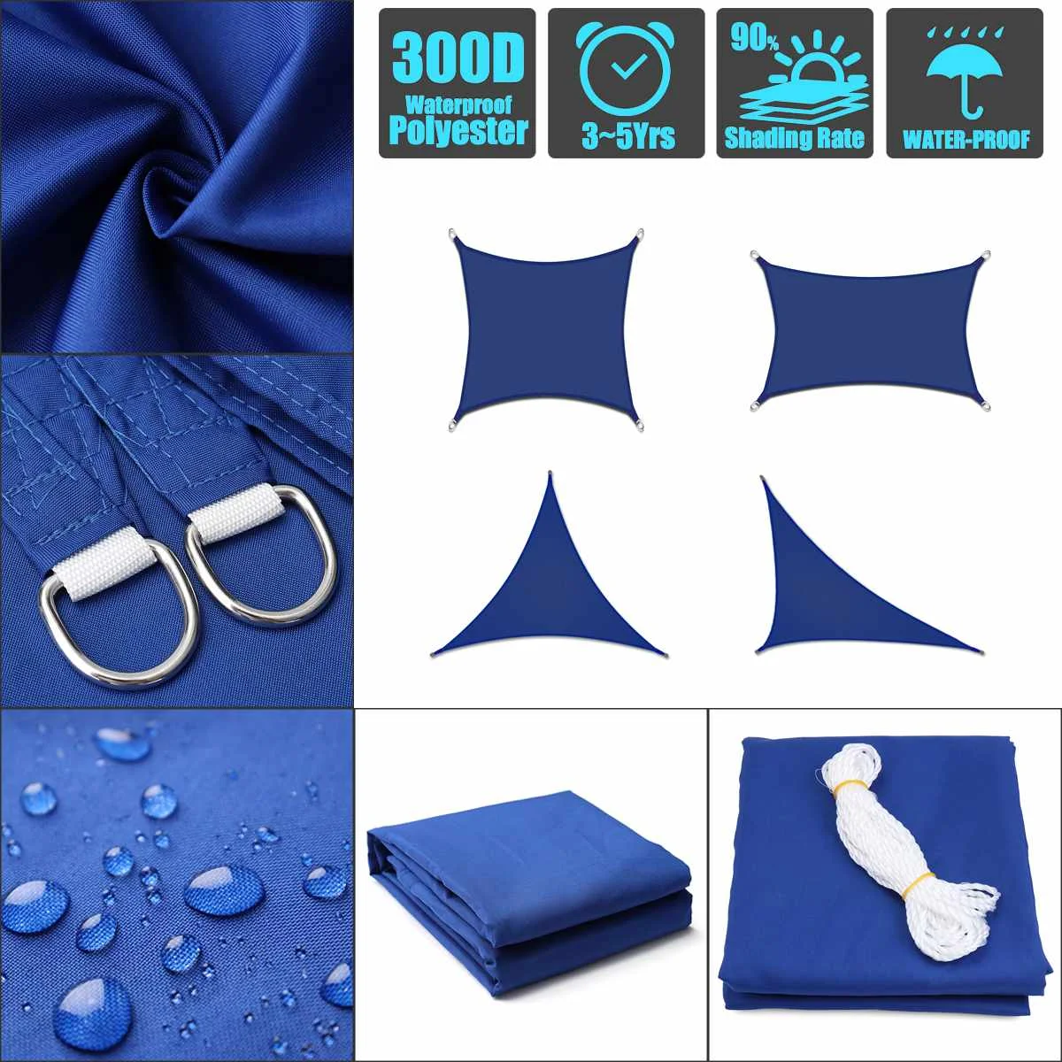 

300D Blue Sun Shade Sail Outdoor Patio Lawn Pool Rectangle Cover Block Canopy Swimming Pool Cover Sunscreen Tent Waterproof