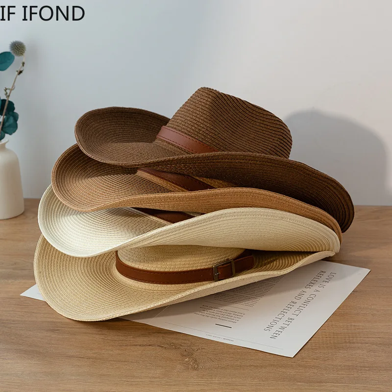 Nuovo Design cappello da Cowboy occidentale in carta naturale 13CM tesa larga donna uomo estate spiaggia cappelli di paglia Panama Cowgirl Jazz cappellini da sole  200000297