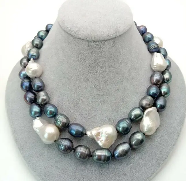 

2 Rows Cultured White Keshi Pearl Black Rice Pearl Necklace 18"