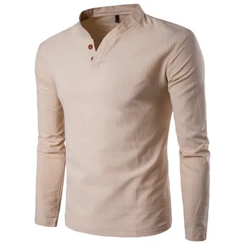 

ZHIJING Summer Cotton Linen Long-sleeved Shirt Stand Collar Two-Button Long Sleeve Cotton Linen MEN'S Button-down Shirt