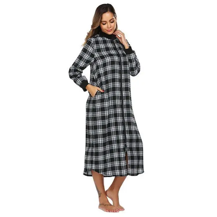 Ekouaer женский осенне-зимний халат с круглым вырезом на молнии, халаты, клетчатое платье для отдыха, женский длинный халат, платье для сна