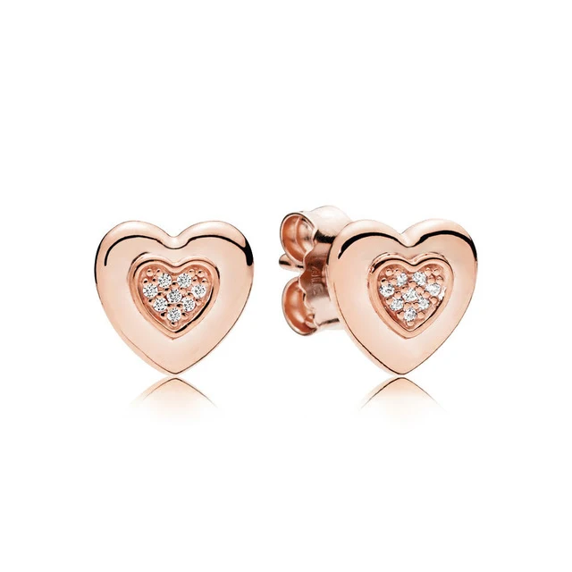 

100% 925 Sterling Silver 287382CZ ROSE LOGO HEART EARRING STUDS Charm Earrings Original Women Wedding Fashion Jewelry