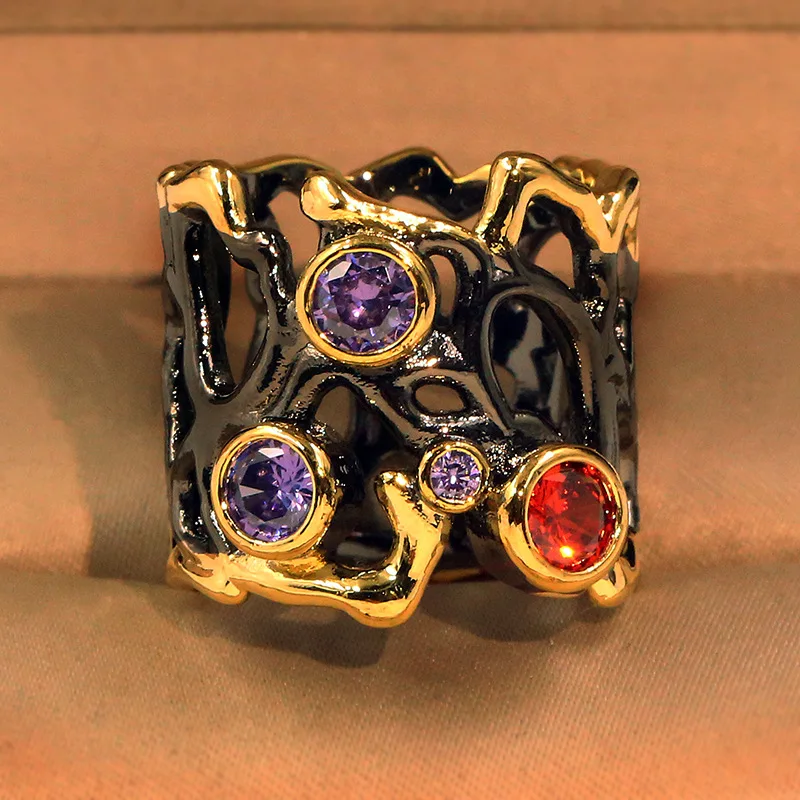 

Exquisite High Quality Black Gold-plated Colored Gemstone Hollow Colorful Ring Women's Wedding Reception Engagement Ring