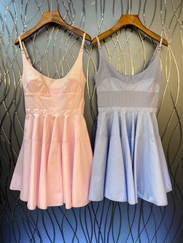 

2020 New Women Knitted Patchwork Backless Mini Dress Black Pink Blue Color Sleeveless Spring Summer Slim Cute Pleated Dresses