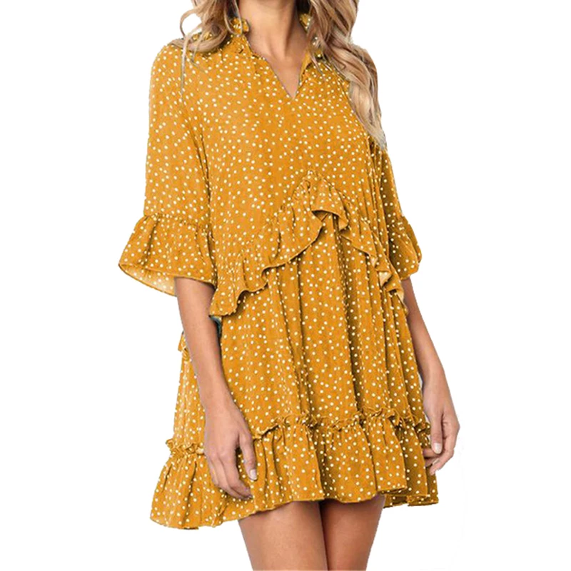 

2019 Vintage Polka Dot Women Dress Spring Summer Sundress V Neck Mini Ruffle Hem Printed Dress Fashion Femme Boho Dresses M0402