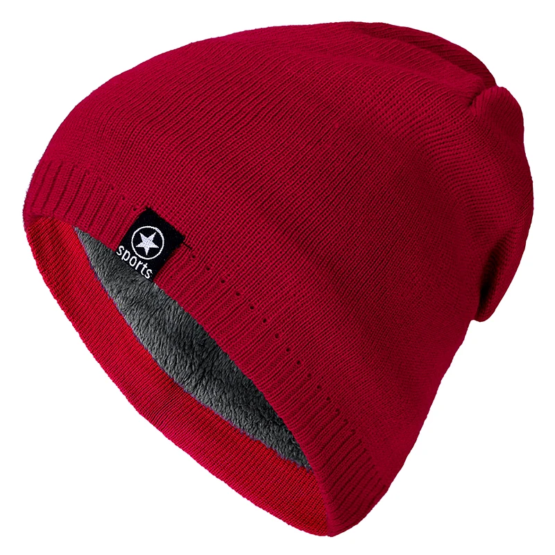 New Winter Hats For Men Solid Color Knitted Hat Star Sports Wool Beanie Winter Warm Comfortable Hat Outdoor Thick Warm Hats - Цвет: Red