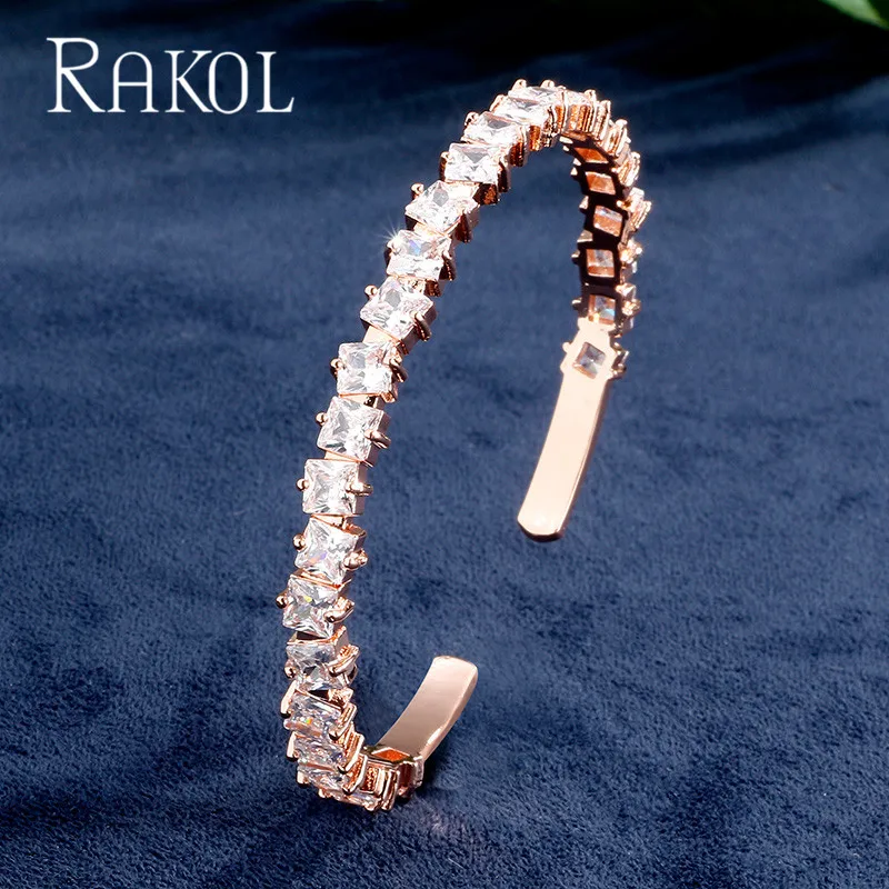 RAKOL AAA+ кубический цирконий багет Bijoux манжета Теннисный браслет и браслет с розовым золотом женские свадебные ювелирные изделия - Окраска металла: Rose Gold