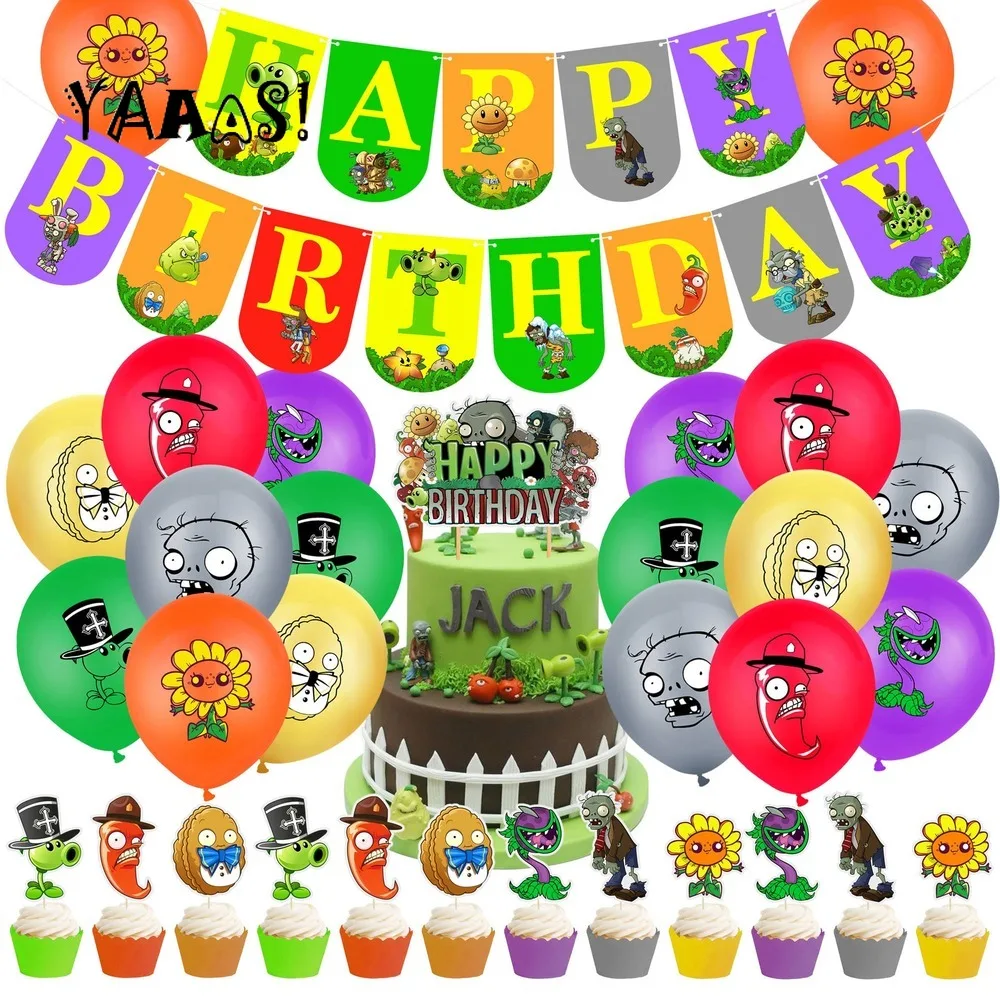 32 pçs/set col-festa plantas vs zumbis balões com bolo topper banner feliz aniversário chá de fraldas suprimentos de festa decorações
