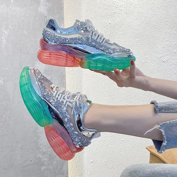 

Women Chunky Sneakers Platform INS Fashion Silver Casual Old Dad Shoes Sports Female Running Lace Up Vulcanized Shoes Woman