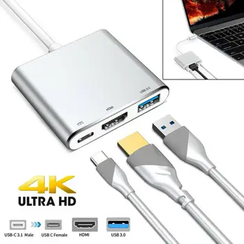 

Type C USB 3.1 to USB-C 4K HDMI USB 3.0 Adapter Cable 3 in 1 Hub For Macbook Pro