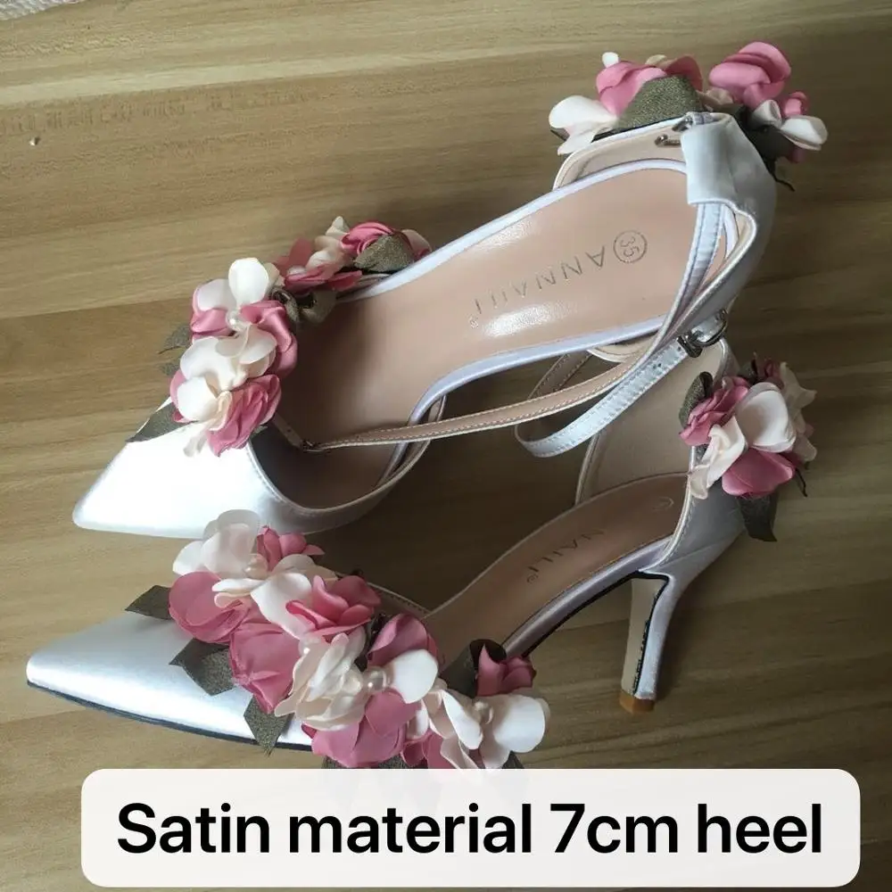 white 7cm heel Розовые босоножки; свадебные туфли с цветами для невесты; туфли на высоком каблуке 10 см; большие размеры; атласная Женская красивая обувь - Цвет: white 7cm heel
