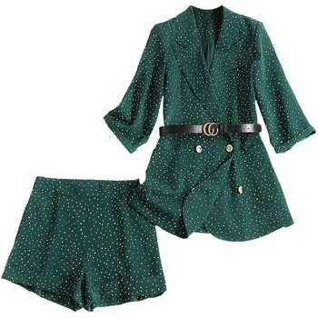 

ELegant Office Lady Short Suit Set Women 2 Piece Lapel Dot Jacket Blazer + High Waist Mini Pant Suits Female Tracksuit