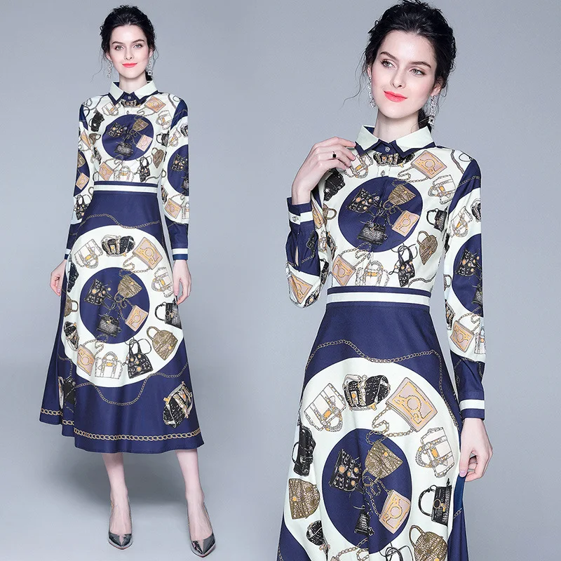 

Photo Shoot 2019 Europe And America New Style Retro Bag Positioning Printed Long Sleeve Princess Fairy Big Hemline Dress