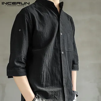 

INCERUN Men Solid Color Shirt Cotton Stand Collar Breathable 3/4 Sleeve Pockets Streetwear 2020 Men Casual Shirts Harajuku S-5XL