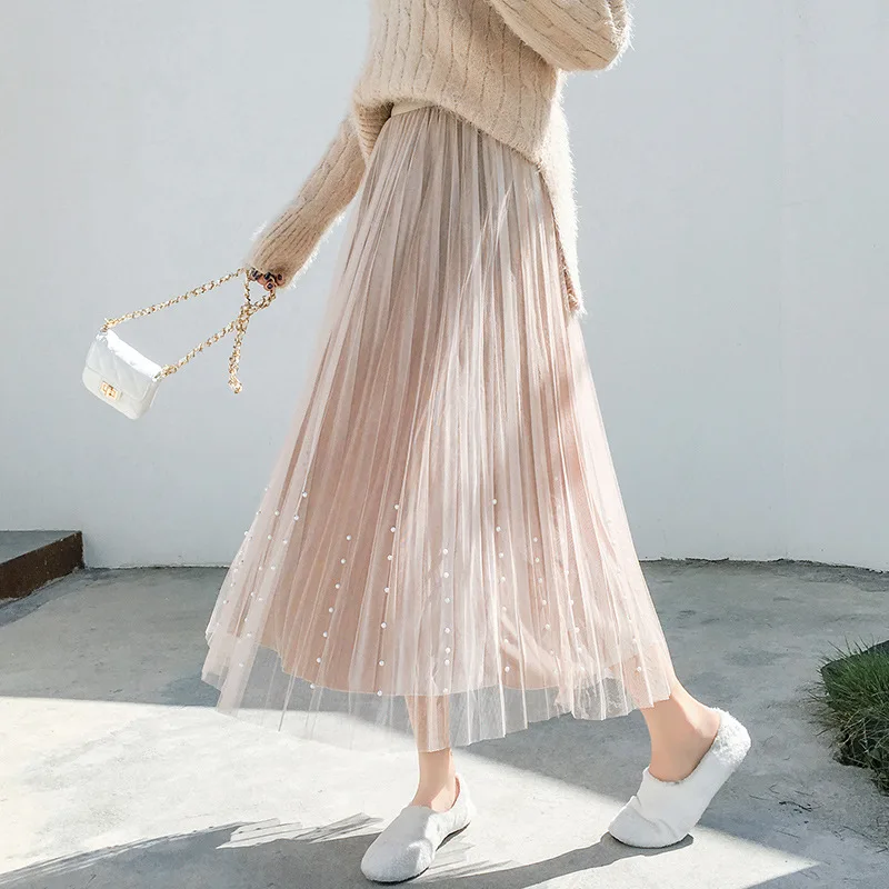 

2020 Early Spring New Style Hong Kong Style High-waisted Slimming Big Hemline Gauze Joint Gold Velvet Fairy Pleated Long Skirts