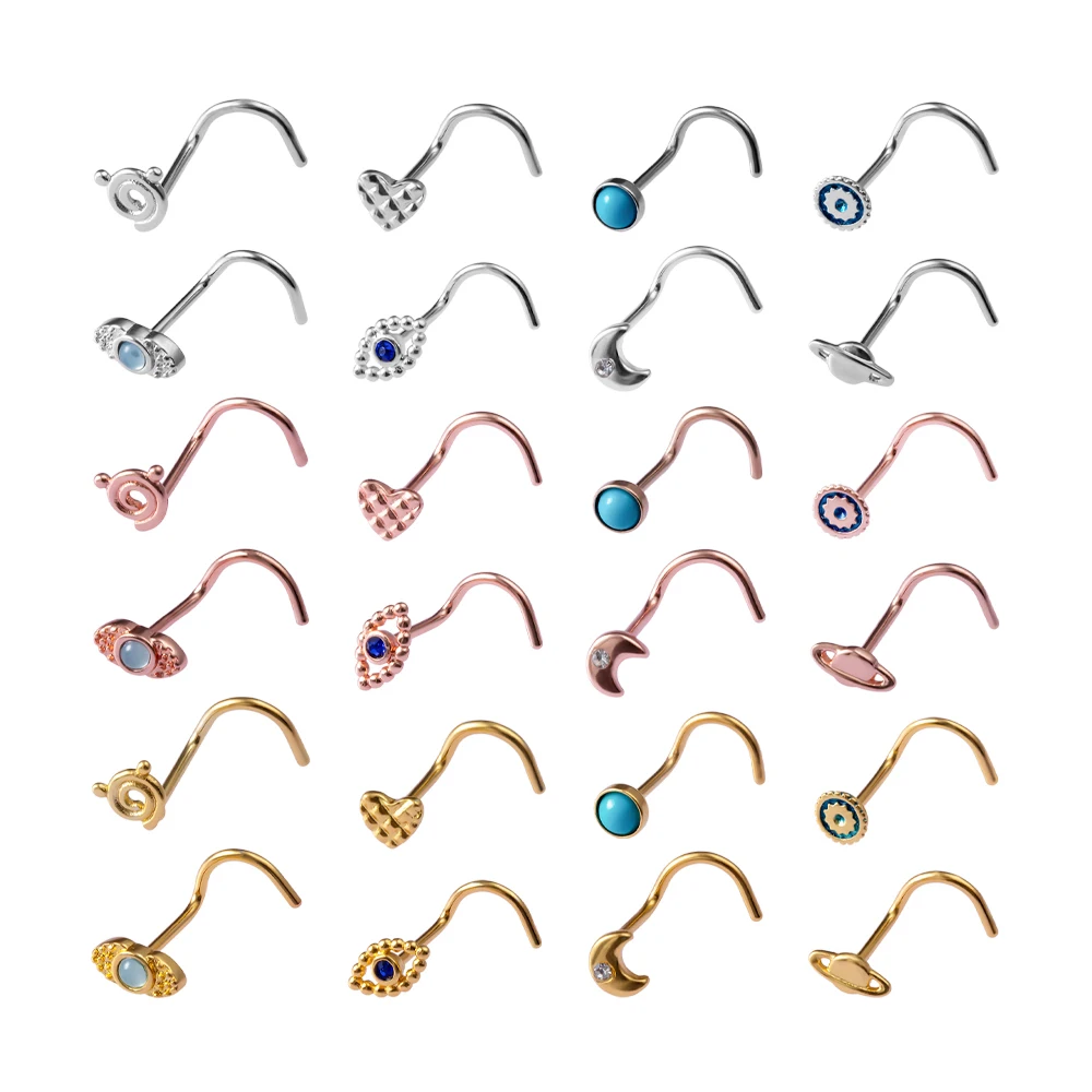 1PC 20G Surgical Steel nose rings for Women Girl Eye Cat Flower Alien Paw Spider Screw Bend Nose Piercing Jewelry Punk Gift