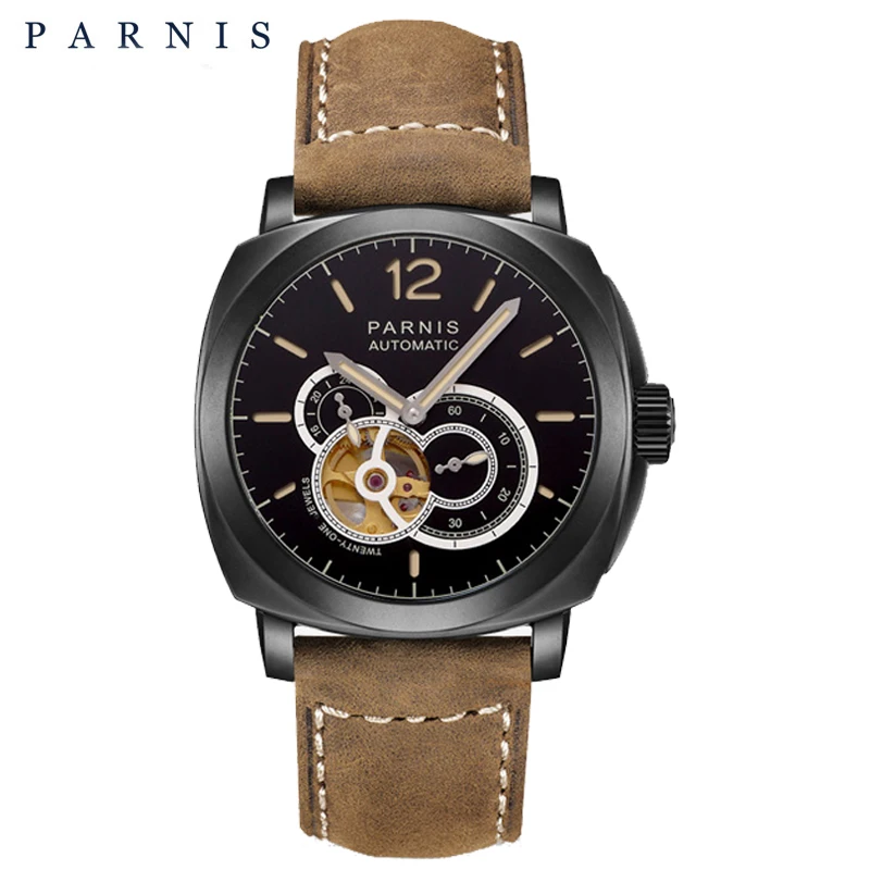 

Parnis 44mm Automatic Watch Men Skeleton Men's Mechanical Watches Miyota Movement Luminous Leather Strap 100M Waterproof Watch