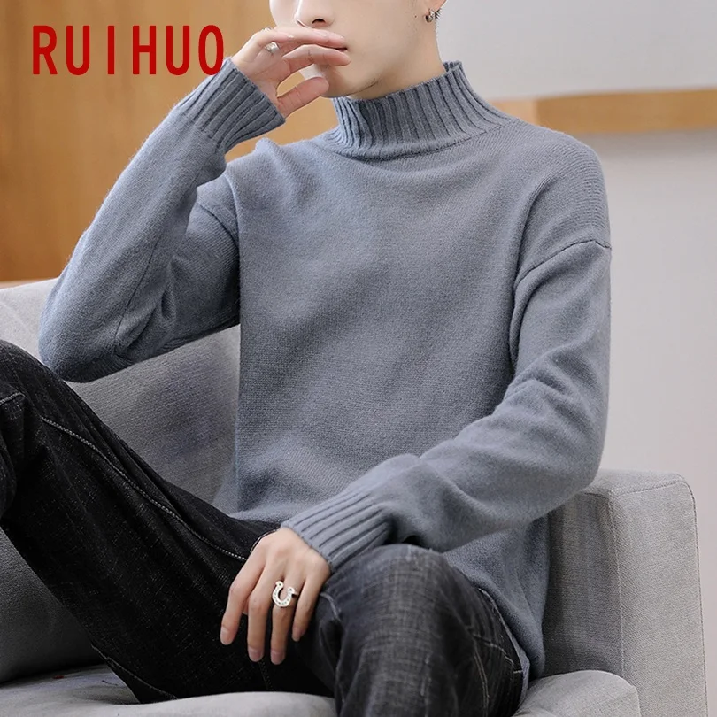 RUIHUO, новинка, Осень-зима, однотонный теплый свитер с высоким воротом, мужской облегающий свитер, Мужская водолазка, вязаный пуловер, Мужская M-3XL