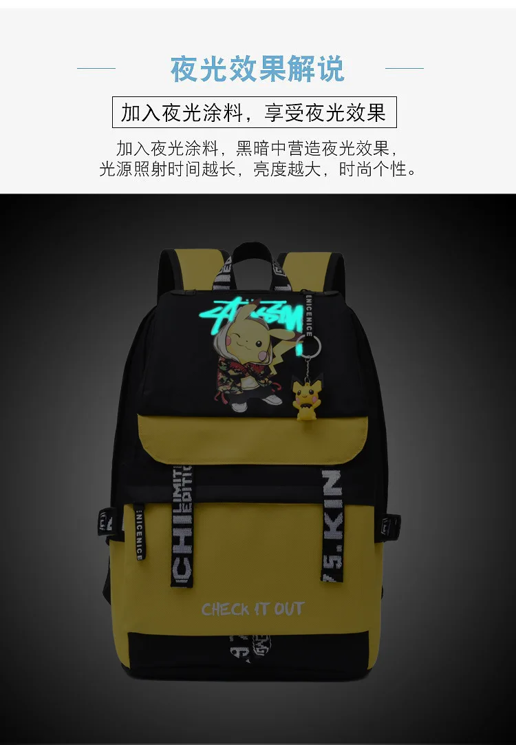 Action Large Pikachu Backpack with USB Charge Line Student Schoolbag Cute Cartoon Pikachu Couple Bags Quality Canvas Bag Gift