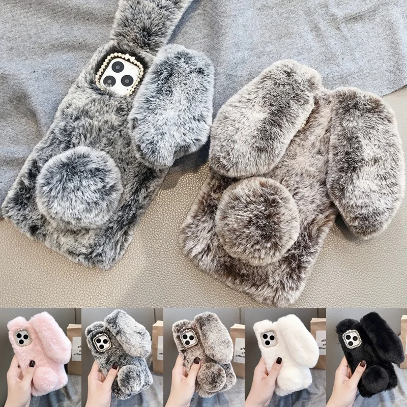 

Ladies Fashion Bling Diamond Rabbit Plush Fluffy Phone Case for iPhone 11/11 Pro Max X / XS / XR / XS Max 6 / 6S / 7/8 Plus