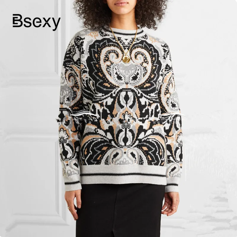

Winter Clothes Somen Sweaters 2019 Runway Designer Pattern Loose Streetwear Oversized Pullover Sweater Knitted Top