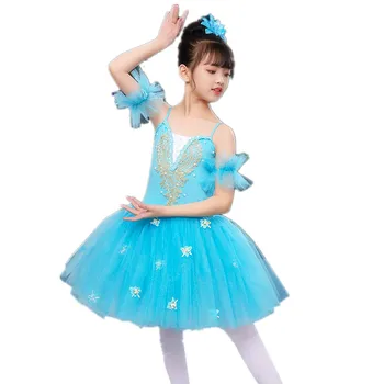 

Flower Light Blue Romantic Tutu Kids Contemporary Ballet Dance Costume Soft Tulle Long Ballerina Dress For Child Adult Girls
