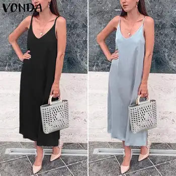 

VONDA Summer Sexy V Neck Spaghetti Loose Dress 2020 Women Casual Beach Sundress Bohemian Vestidos Plus Size Party Robe S-5XL
