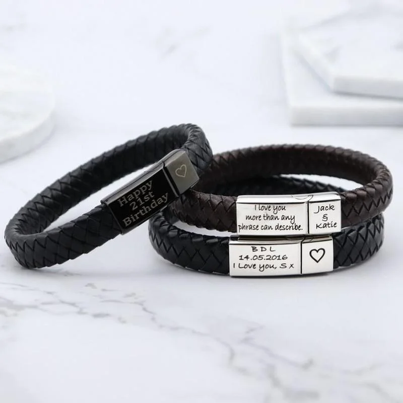 Personalised Men's Rope Leather Bracelet | The Laser Boutique